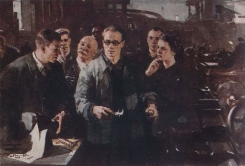 Николай Лукич Бабасюк «Энтузиасты Кировского завода», 1960 год, холст, масло, частное собрание.