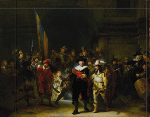 Г. Люнденс. Копия картины Рембрандта «Ночной дозор». После 1642 года. Национальная галерея, Лондон. Белыми линиями отмечены обрезанные части оригинальной картины. (Фото из Википедии)