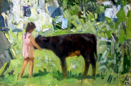 В.П. Ефанов «Девочка с телёнком», 1962 год, картон, масло, 29,5 х 44,5 см., частное собрание.